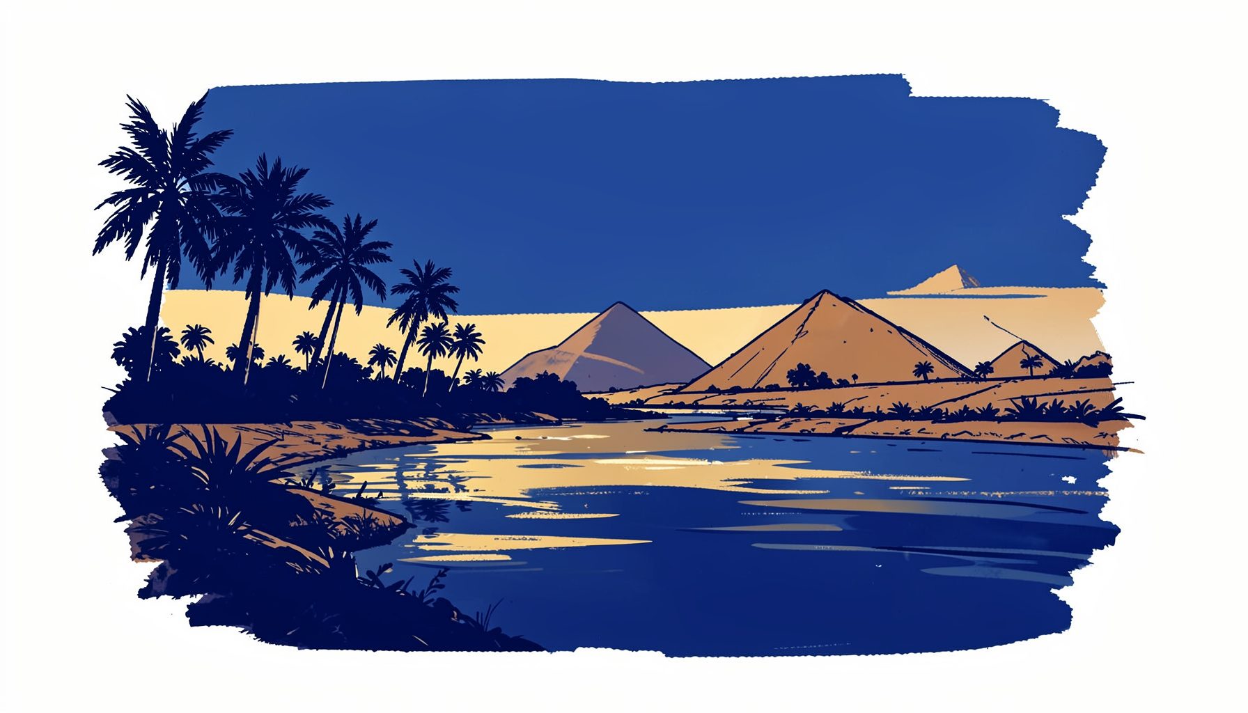 Hand-drawn ink illustration of the Nile riverbank at dusk with palm silhouettes and distant pyramids, rendered in deep indigo and warm amber tones